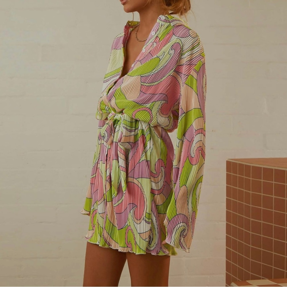 Pleated Pink & Lime Swirl Mini Dress